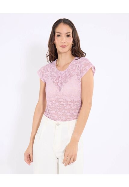 Camiseta Manga Casquillo En Encaje  Para Mujer Rosa Ostu