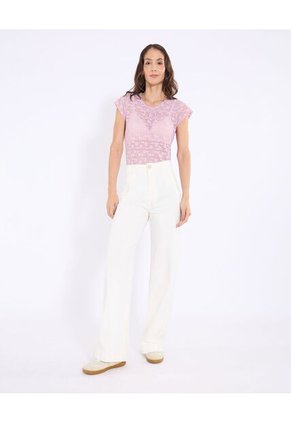 Camiseta Manga Casquillo En Encaje  Para Mujer Rosa Ostu