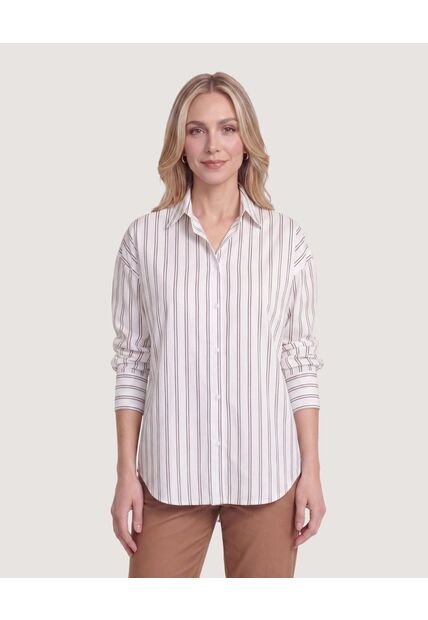 Camisa Manga Larga A Rayas  Para Mujer Café Ostu