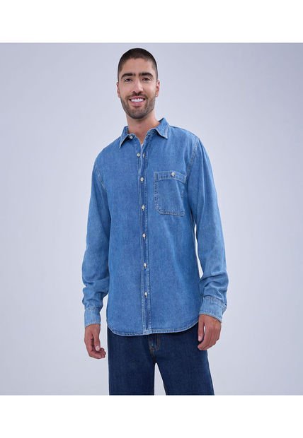 Camisa Para Hombre Manga Larga Con Bolsillo Color Azul Medio Marca Ostu #60010734