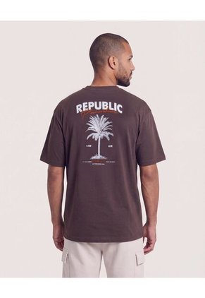 Camiseta Relaxed Estampado Republic  Para Hombre Café Ostu