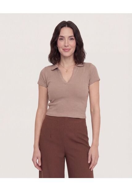 Polo Cropped  Para Mujer Café Ostu
