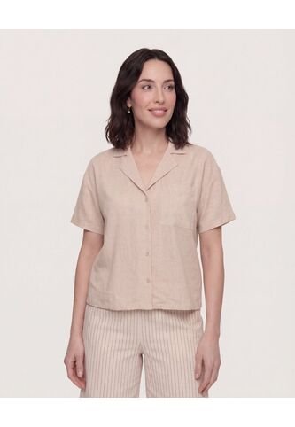 Camisa Boxy Cuello Resort  Para Mujer Beige Ostu Ostu