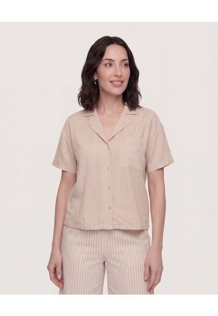 Camisa Boxy Cuello Resort  Para Mujer Beige Ostu