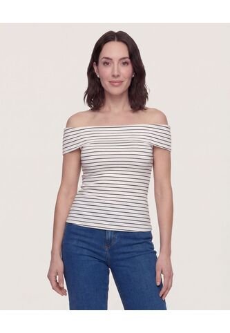 Camiseta Rayas Hombros Descubiertos  Para Mujer Beige Ostu Ostu
