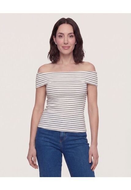 Camiseta Rayas Hombros Descubiertos  Para Mujer Beige Ostu