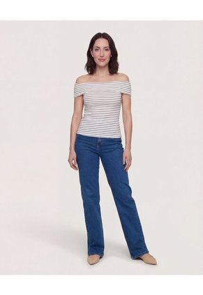 Camiseta Rayas Hombros Descubiertos  Para Mujer Beige Ostu