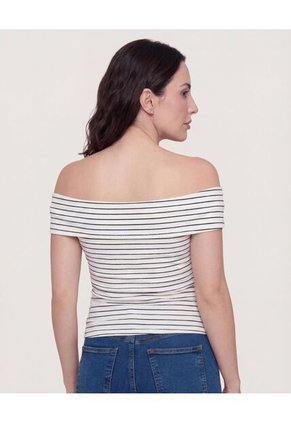 Camiseta Rayas Hombros Descubiertos  Para Mujer Beige Ostu