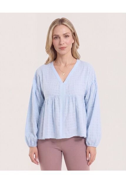 Blusa Manga Larga Escote En V  Para Mujer Azul Ostu