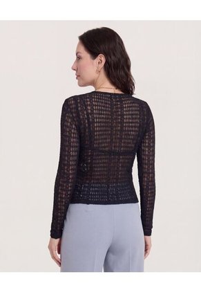 Camiseta Textura Malla Manga Larga  Para Mujer Negro Ostu