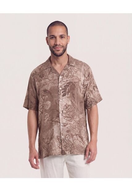 Camisa Resort Estampada  Para Hombre Café Ostu