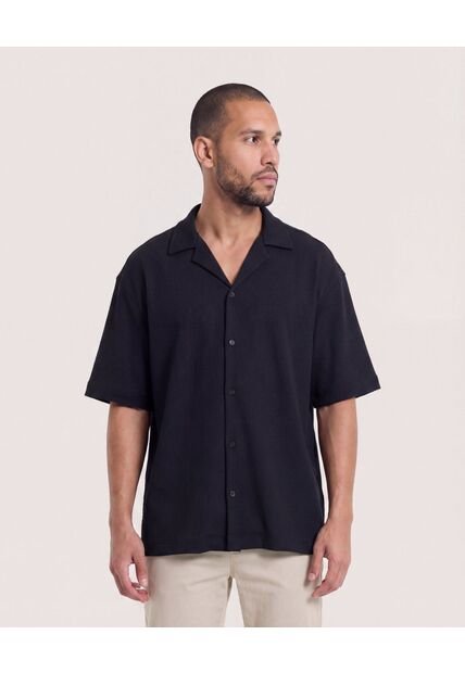 Camisa Manga Corta Resort  Para Hombre Negro Ostu