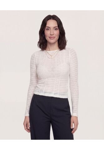 Camiseta Textura Malla Manga Larga  Para Mujer Crema Ostu Ostu