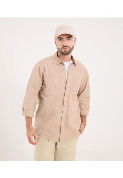 Camisa Para Hombre Manga Larga Con Bolsillo Cuello Casual M Color Beige Marca Ostu #60010817