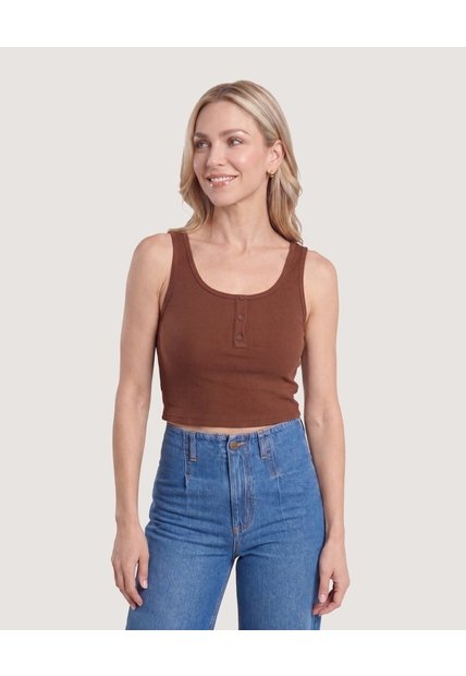 Camiseta Cropped En Rib Con Botones  Para Mujer Café Ostu