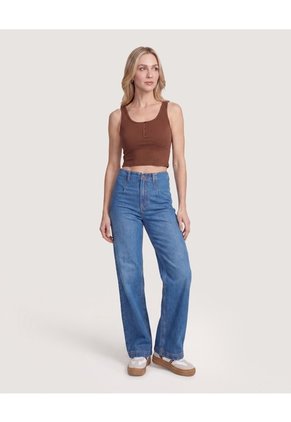 Camiseta Cropped En Rib Con Botones  Para Mujer Café Ostu
