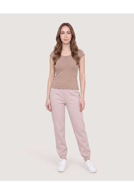 Camiseta Básica Con Botones  Para Mujer Beige Ostu