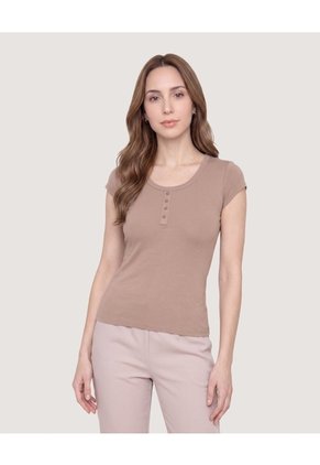 Camiseta Básica Con Botones  Para Mujer Beige Ostu