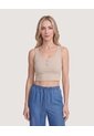 Camiseta Cropped En Rib Con Botones  Para Mujer Beige Ostu de Ostu