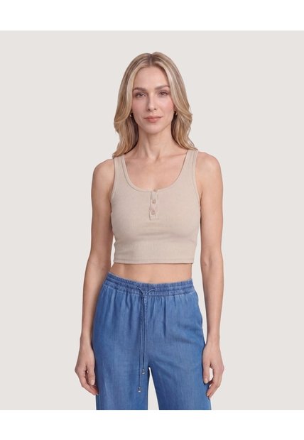 Camiseta Cropped En Rib Con Botones  Para Mujer Beige Ostu