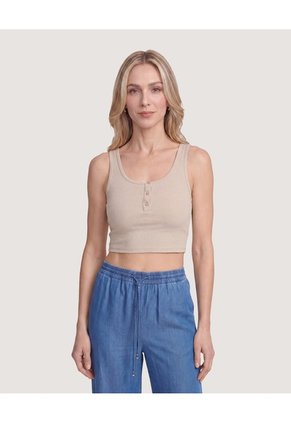 Camiseta Cropped En Rib Con Botones Para Mujer Beige Ostu