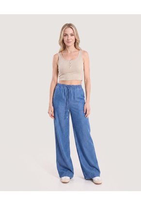 Camiseta Cropped En Rib Con Botones Para Mujer Beige Ostu