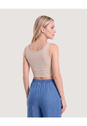 Camiseta Cropped En Rib Con Botones Para Mujer Beige Ostu