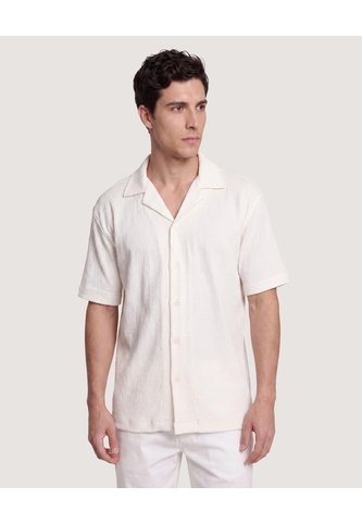 Camisa Texturizada Cuello Resort  Para Hombre Crema Ostu Ostu