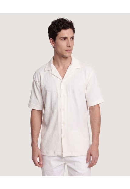 Camisa Texturizada Cuello Resort  Para Hombre Crema Ostu