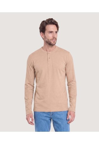Camiseta Manga Larga Con Cuello Henley  Para Hombre Camel Ostu Ostu