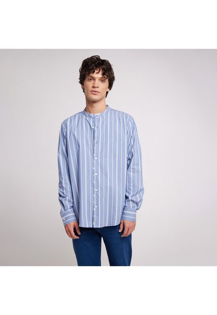 Camisa Para Hombre Manga Larga Sin Bolsillo Cuello Neru Color Azul  Marca Ostu #60010521