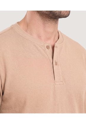 Camiseta Manga Larga Con Cuello Henley  Para Hombre Camel Ostu