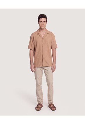 Camisa Texturizada Cuello Resort Para Hombre Beige Ostu