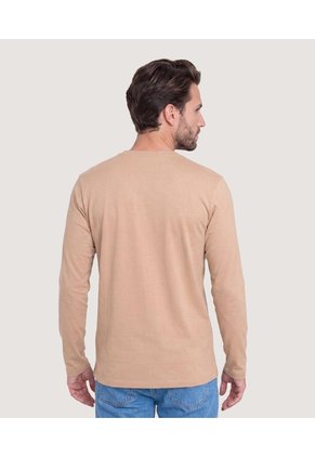 Camiseta Manga Larga Con Cuello Henley  Para Hombre Camel Ostu