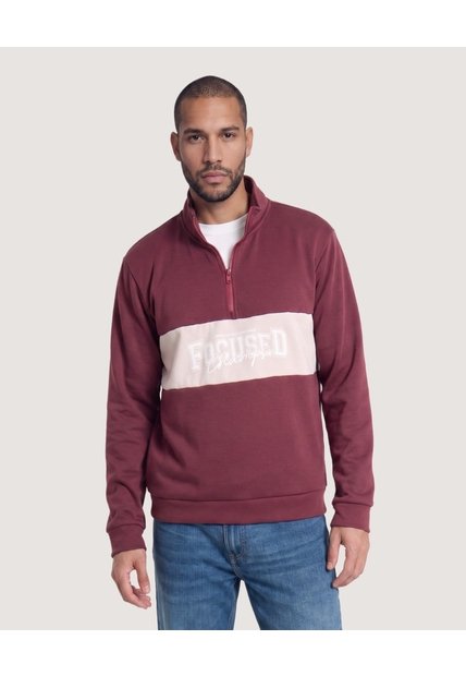 Buzo Half Zip Con Estampado  Para Hombre Vino Ostu