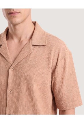 Camisa Texturizada Cuello Resort Para Hombre Beige Ostu