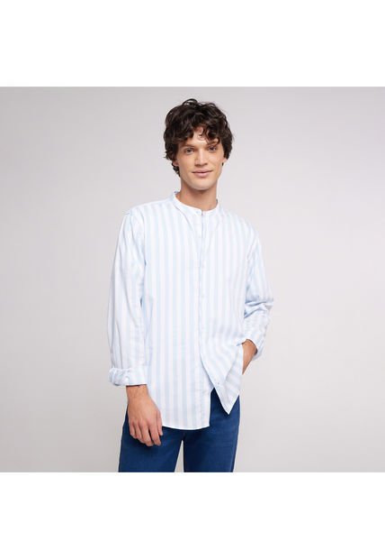 Camisa Para Hombre Manga Larga Sin Bolsillo Cuello Neru Color Azul Claro Marca Ostu #60010521