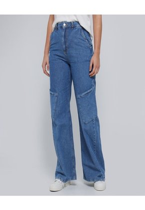 Jean Para Mujer Wide Leg Cargo Color Azul Medio Marca Ostu #40160406