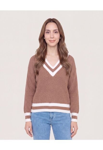 Saco Tejido Con Detalle En V  Para Mujer Café Ostu