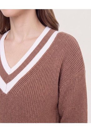 Saco Tejido Con Detalle En V  Para Mujer Café Ostu