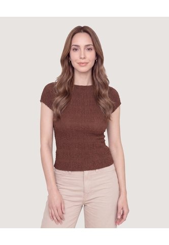 Camiseta Textura Manga Corrida  Para Mujer Café Ostu Ostu