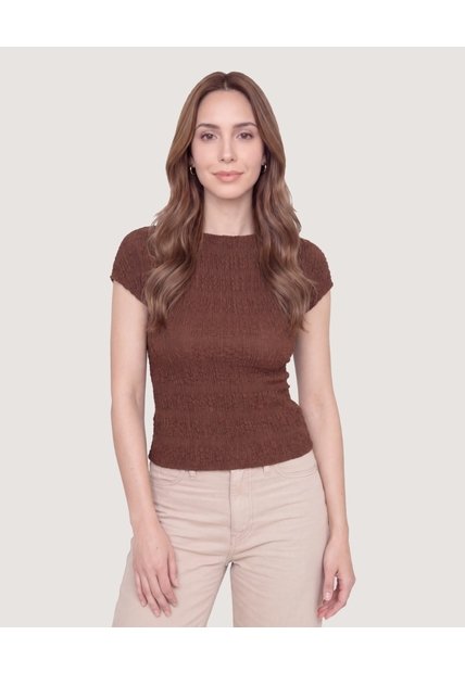 Camiseta Textura Manga Corrida  Para Mujer Café Ostu