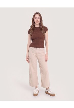 Camiseta Textura Manga Corrida Para Mujer Café Ostu
