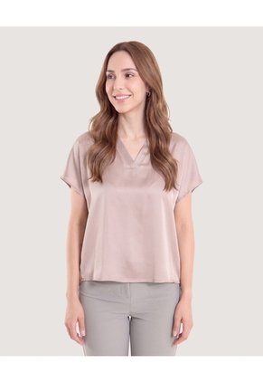 Blusa Con Escote En V Para Mujer Beige Ostu