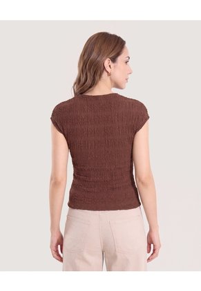 Camiseta Textura Manga Corrida Para Mujer Café Ostu