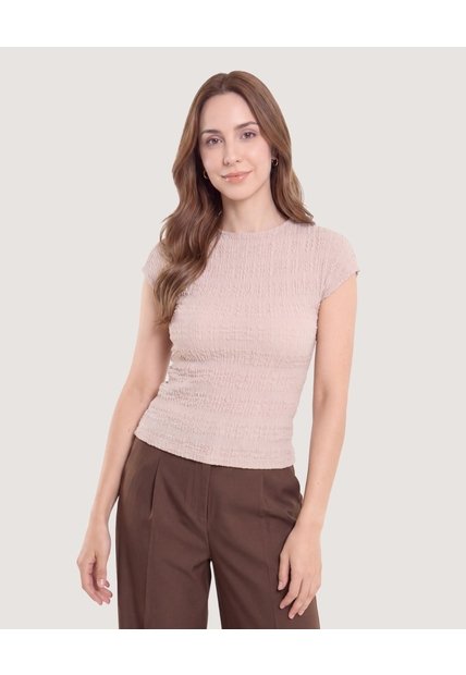 Camiseta Textura Manga Corrida  Para Mujer Beige Ostu