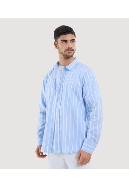 Camisa Para Hombre Manga Larga Con Bolsillo Cuello Casual M Color Azul Marca Ostu #60010825