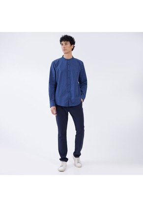 Camisa Para Hombre Manga Larga Sin Bolsillo Cuello Neru Color Azul  Marca Ostu #60010592