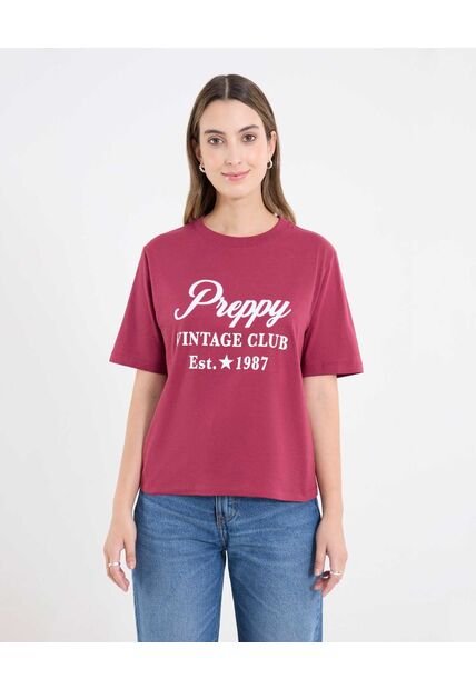 Camiseta  Para Mujer Manga Corta Cuello Redondo Color Vino Marca Ostu #40092717