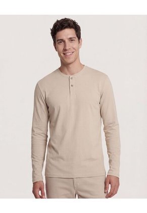 Camiseta  Para Hombre Manga Larga Cuello Henley Color Avena Marca Ostu #60091892